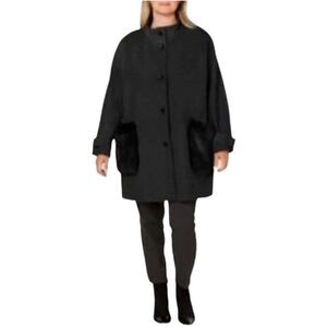 DKNY Women's Faux-Fur-Pocket Walker Coat Black Wool Blend Plus Size 3X NWT